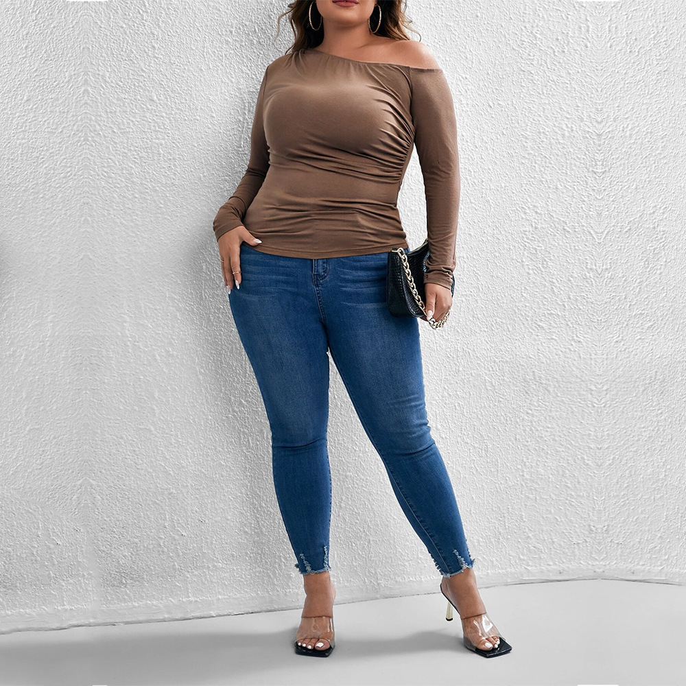 Oversized Womens Slim Fit and Sexy Off Shoulder Sloping Collar Knitted Long Sleeved T-shirt Top