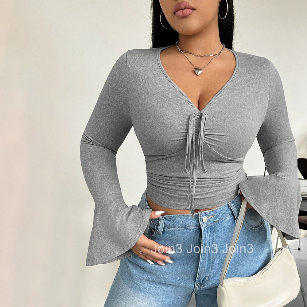 Autumn and Winter Plus Size Womens V-neck Long Sleeved T-shirt Pure Desire Temperament Slimming Short Top