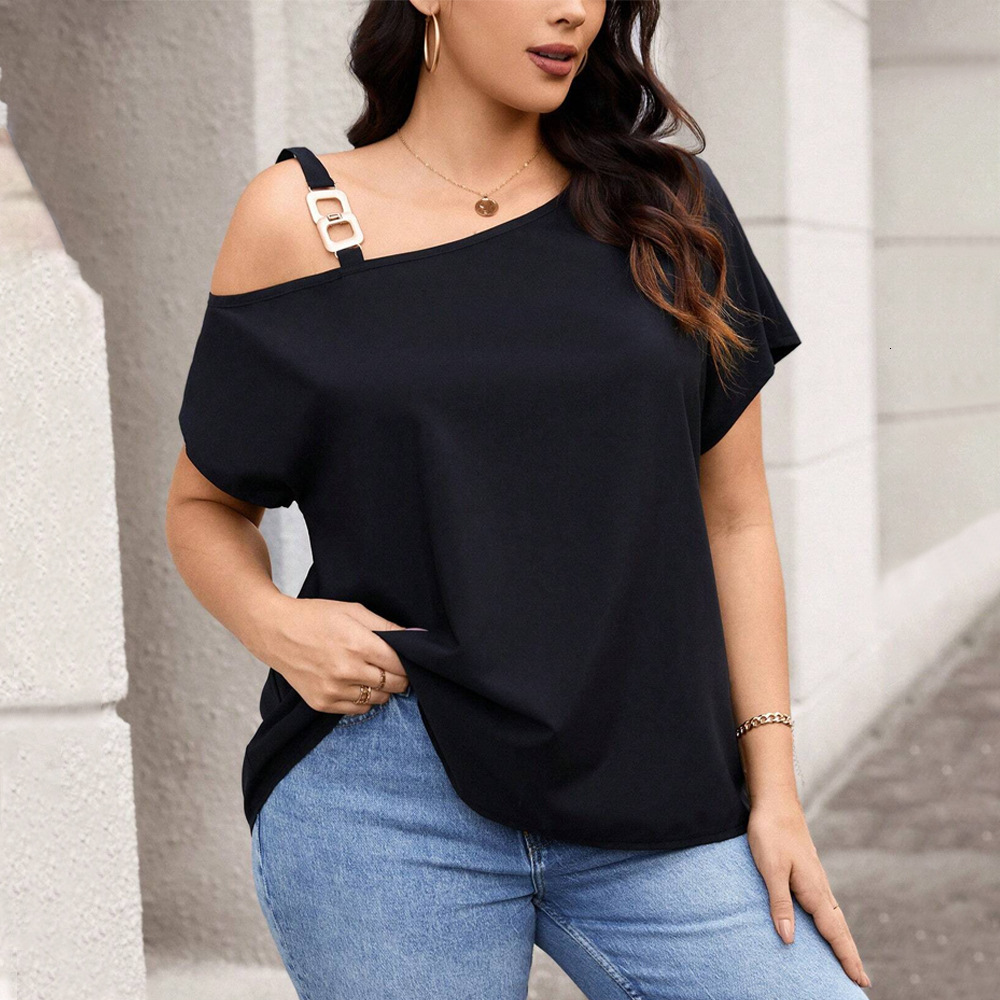 Womens Clothing Spring New Style Temperament Single Shoulder Button T-shirt Solid Color Slimming Top