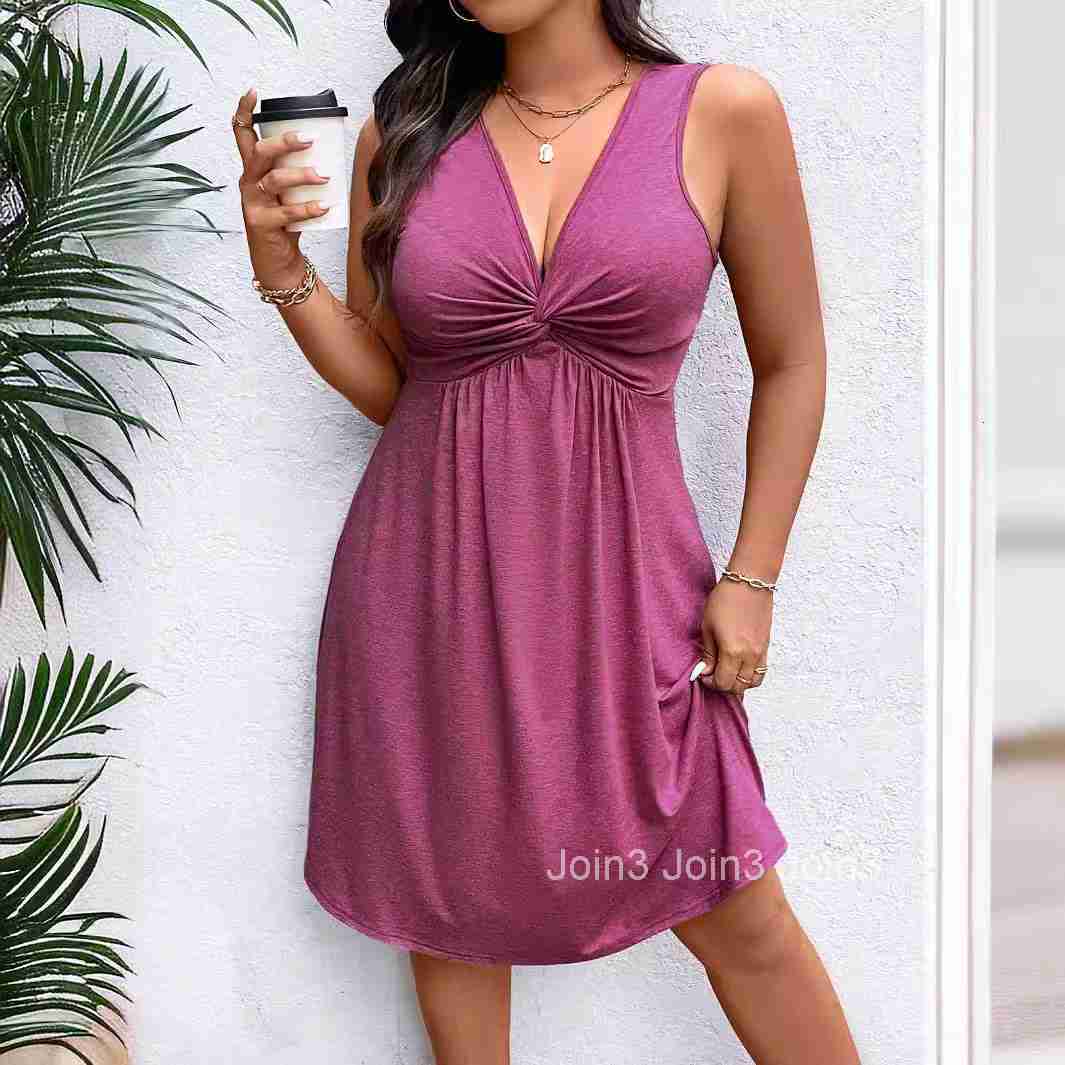Plus Size Womens V-neck Sleeveless Red Dress Summer Casual Waist Cinched A-line Mid Length Skirt