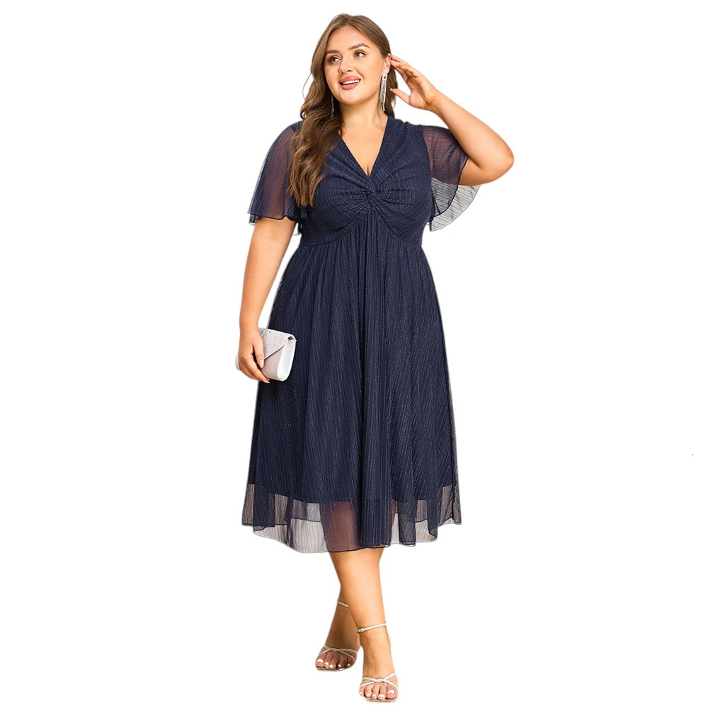 Plus Size Womens V-Neck Solid Dresses Elegant Evening Party Dress Prom Female Large Size Bridesmaid Dresses 2XL 3XL 4XL 5XL 6XL 250515