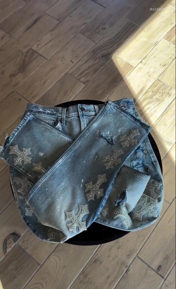 Men's Jeans Joesph Retro Cross Rhinestone Embroidery Y2K Gothic Blue Washed Clothes Men Women Harajuku Baggy Crystal Denim Pants