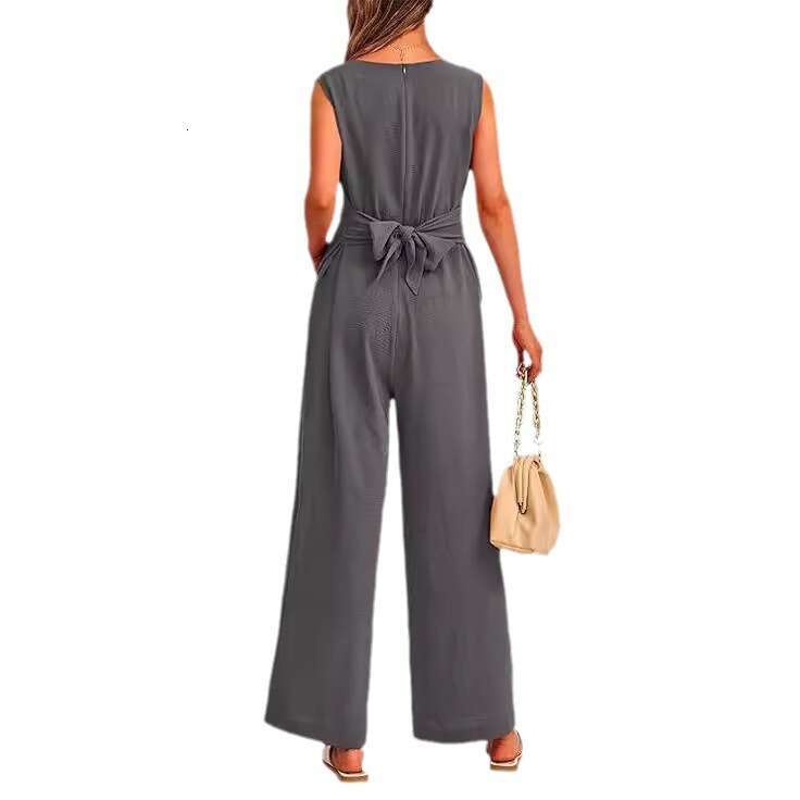 Wide Leg Jumpsuit Spring Summer Women S New V Neck Wide Leg Sleeveless Belt Jumpsuit For Women