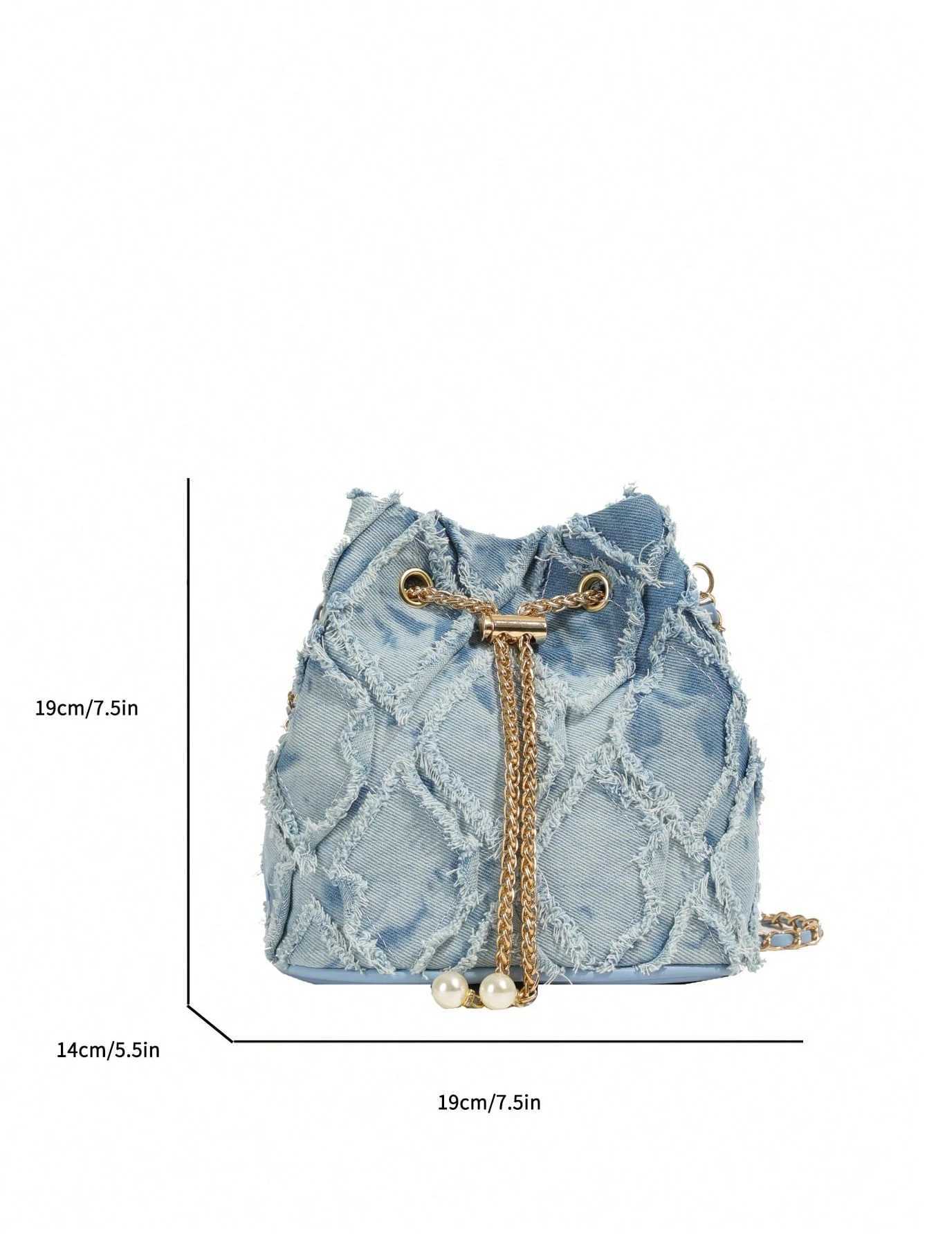 Vintage Denim Bucket Bag Style Light Blue Ripped Edge Design Gold Chain Pearl Embellishment Adjustable Fringe Shoulder Bag Z250516