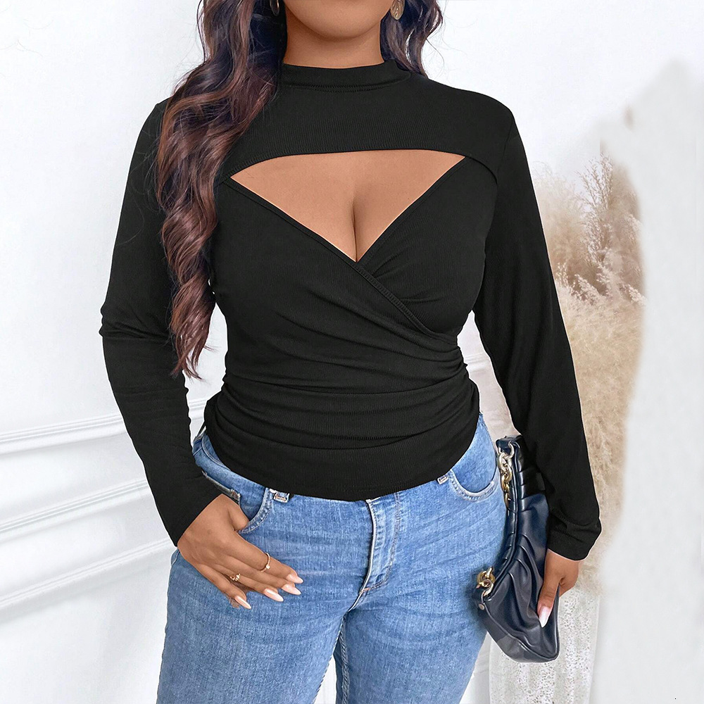 Large Size Womens Deep V-neck Sexy T-shirt for Autumn and Winter New Collection Pleated Slim Fit and Slimming Inner Long Sleeved Top