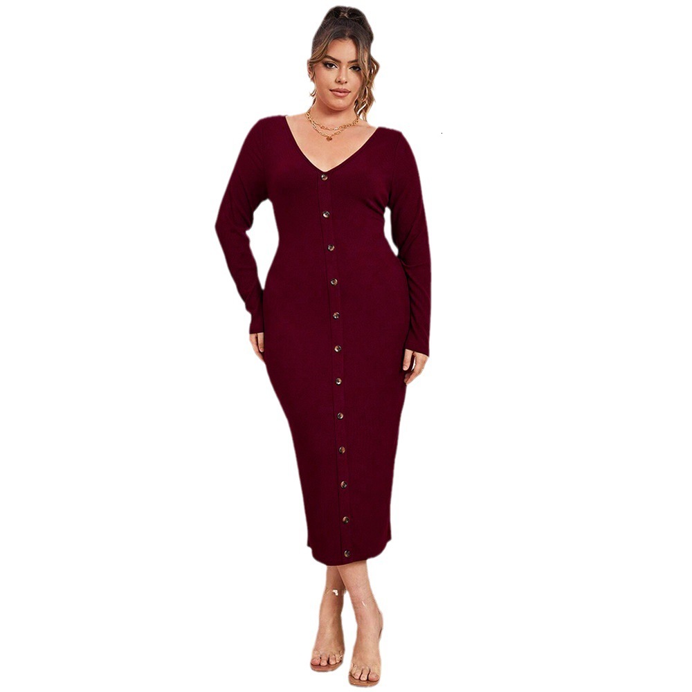Large Size Womens Autumn and Winter New Slim Fit Bag Hip Knitted Skirt Sexy V-neck Long Dress