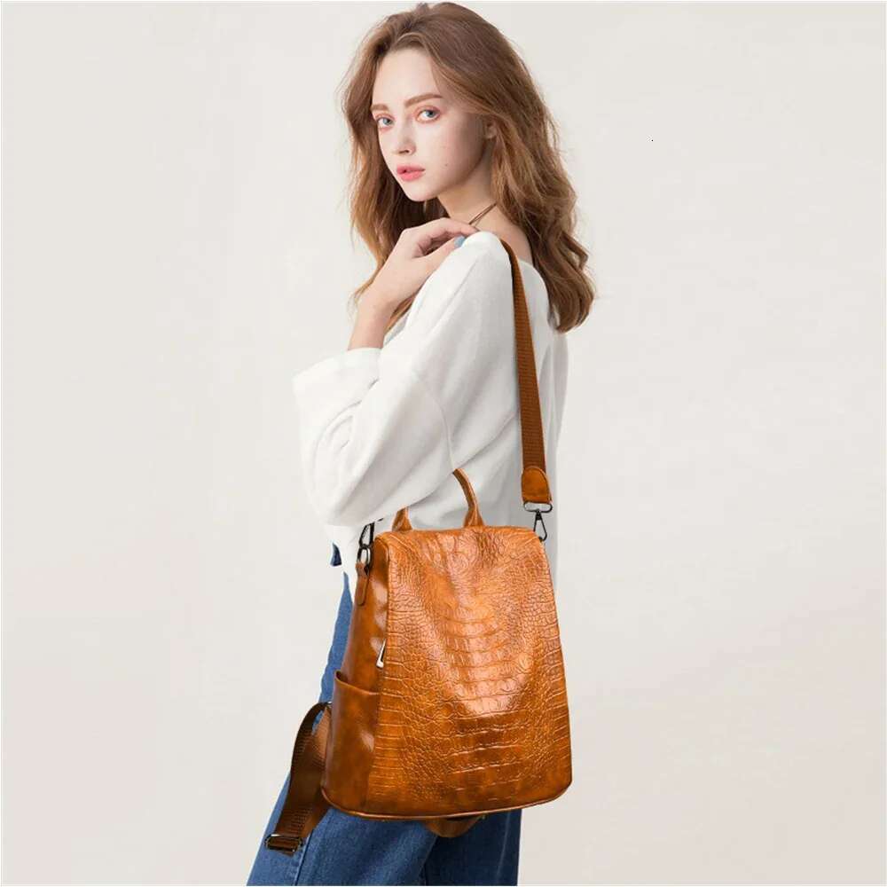 Female Crocodile Pattern Real Pu Leather Anti-Theft Backpack Travel Back Pack Women Shoulder Bags Sac A Dos Femme