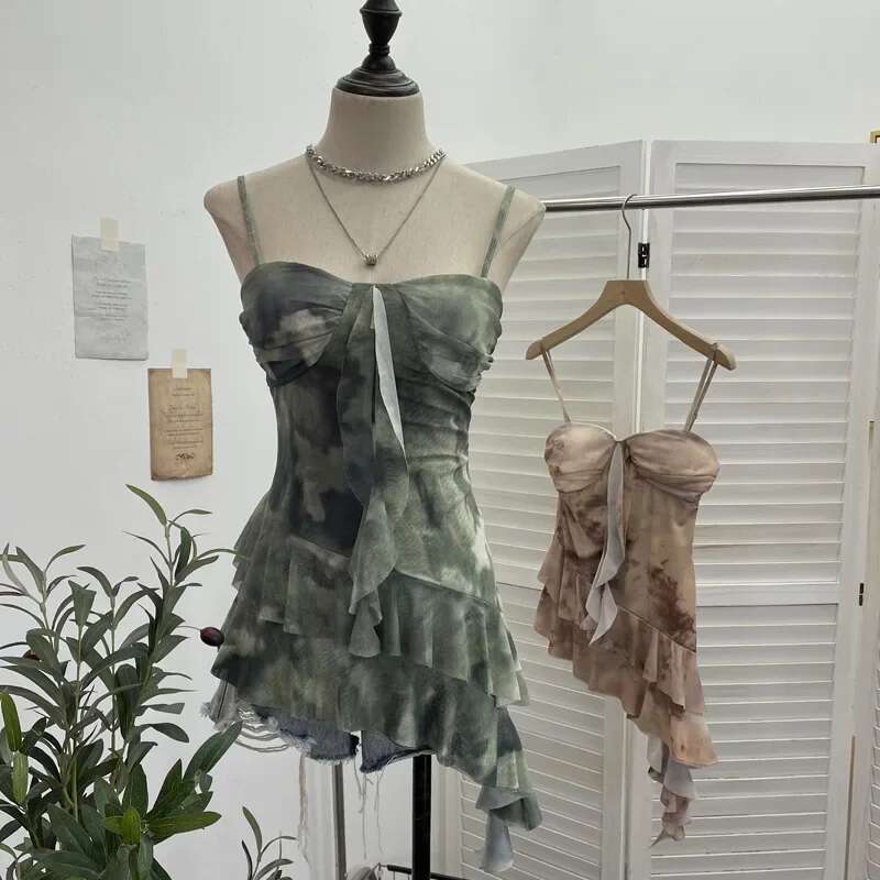New Women's Smudged Mesh Spaghetti Strap Camisole With Breast Pads Irregular Ruffled Top Y2k Essential Streetwear Outfits 1139