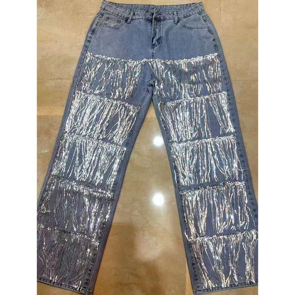 Fashion Sequined Tassel Women's New High Waist Straight Denim Pants Streetwear Hip Hop Blue Shiny Jeans Trousers