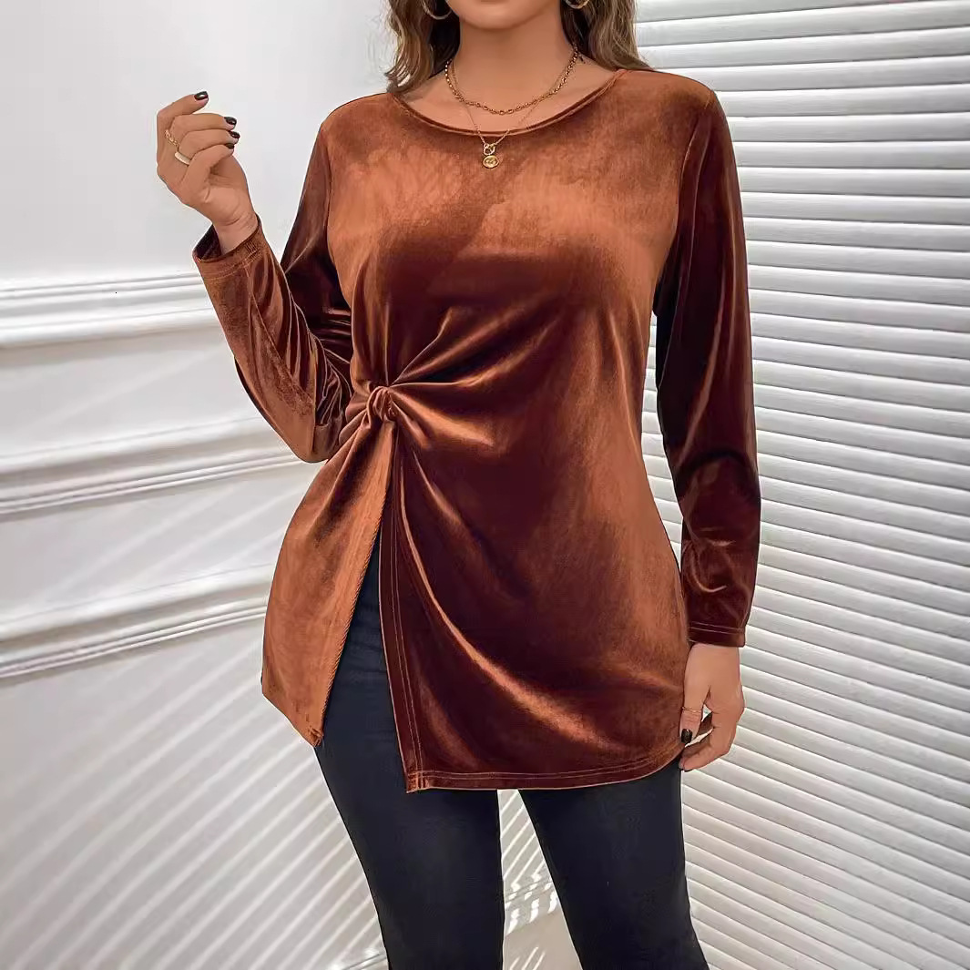 Large Size Womens Elegant Style T-shirt for Autumn and Winter Twisted and Slimming Korean Velvet Long Sleeved Top