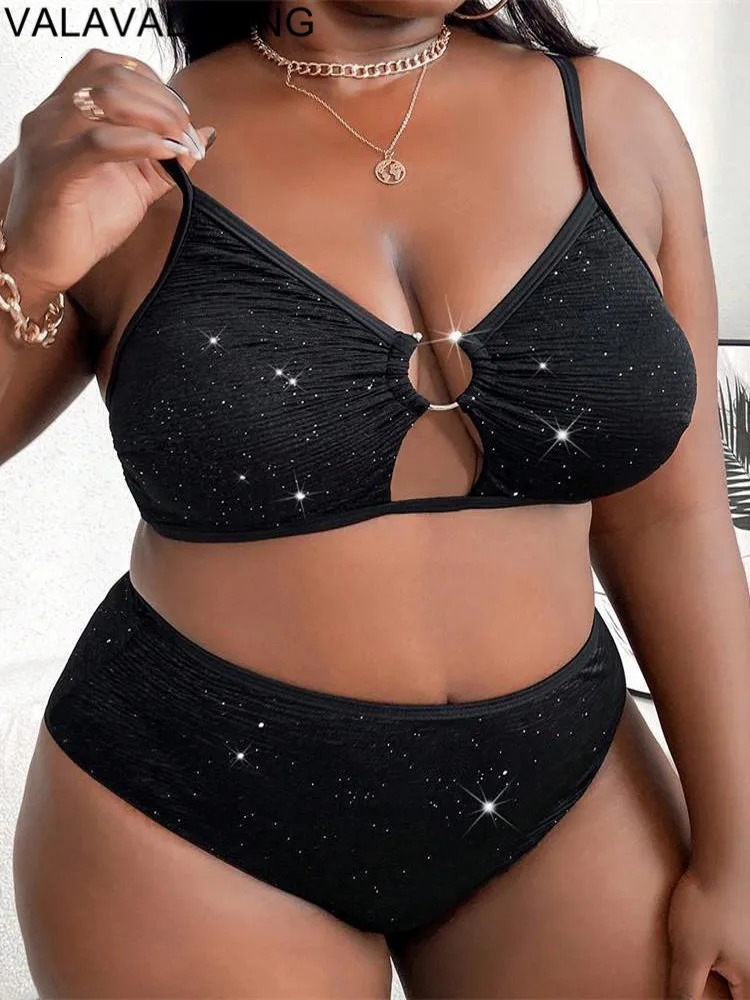 2025 Black 2 Piece Plus Size Bikini Women Strapped Large Swimsuit Sexy Brazilian Swimwear High Waist Chubby Curvy Bathing Suit 250515