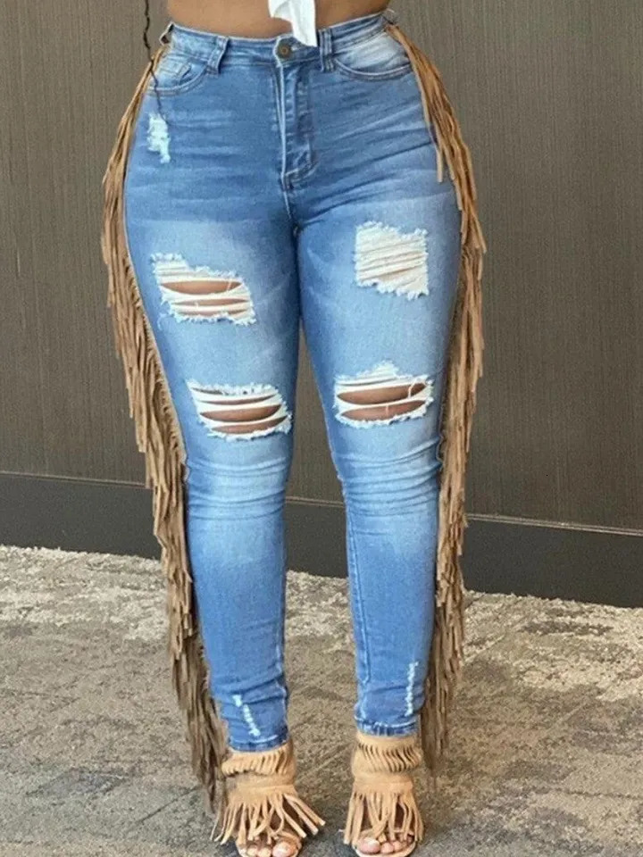 LW Plus Size summer jeans Tassel Ripped Jeans skinny Pants Ladies Jeans Y2K Summer High Street Cargo Pants 250515