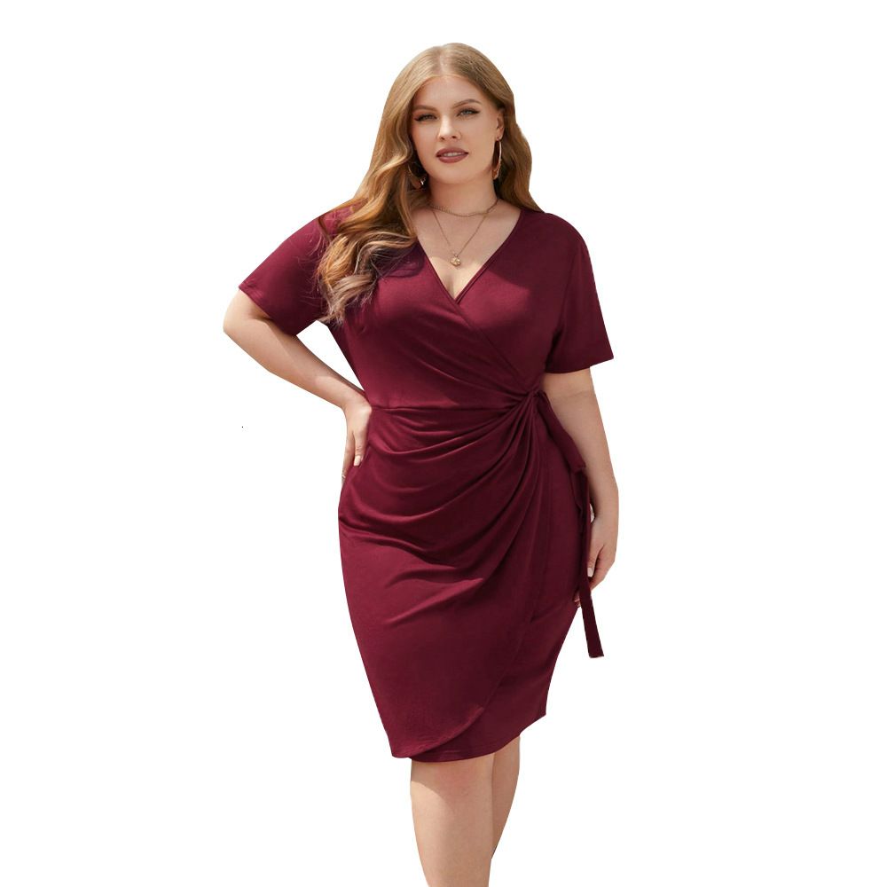 Oversized Womens V-neck Pleated Wine Red Dress Summer Minimalist Socialite Temperament Hip Hugging Skirt