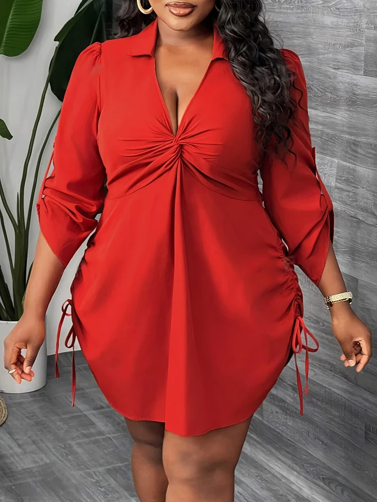 Plus Size Womens Elegant Long Sleeve Shirt Dress for Work Party and Dating Twisted Front Waist Drawstring Spring and Autumn 250515