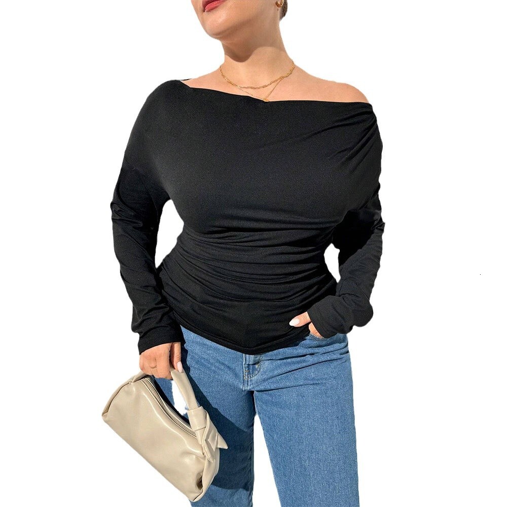 Large Size Womens Elegant One Neck T-shirt for Spring and Summer 2025 New Collection Pleated Slim Fit and Slimming Top
