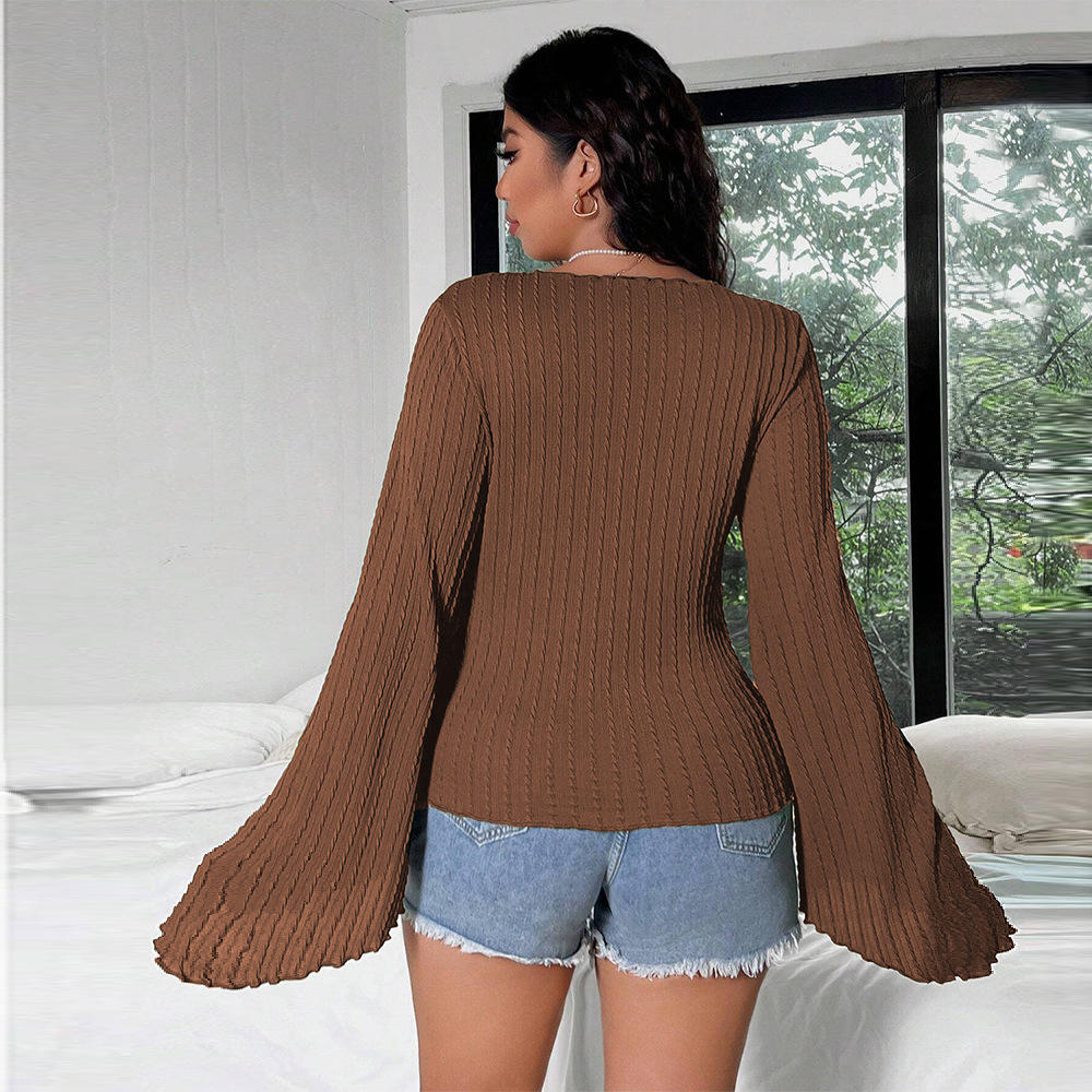 Large Size Womens Sexy Sweet and Spicy V-neck T-shirt Autumn and Winter New Item Trumpet Sleeve Slim Fit Lace Up Cardigan Top