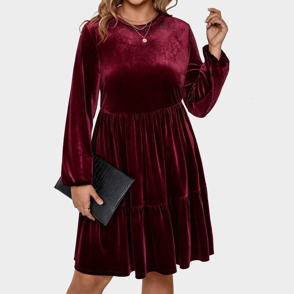 Plus Size Womens Elegant Style Dress Autumn and Winter Korean Velvet Wine Red Mid Skirt