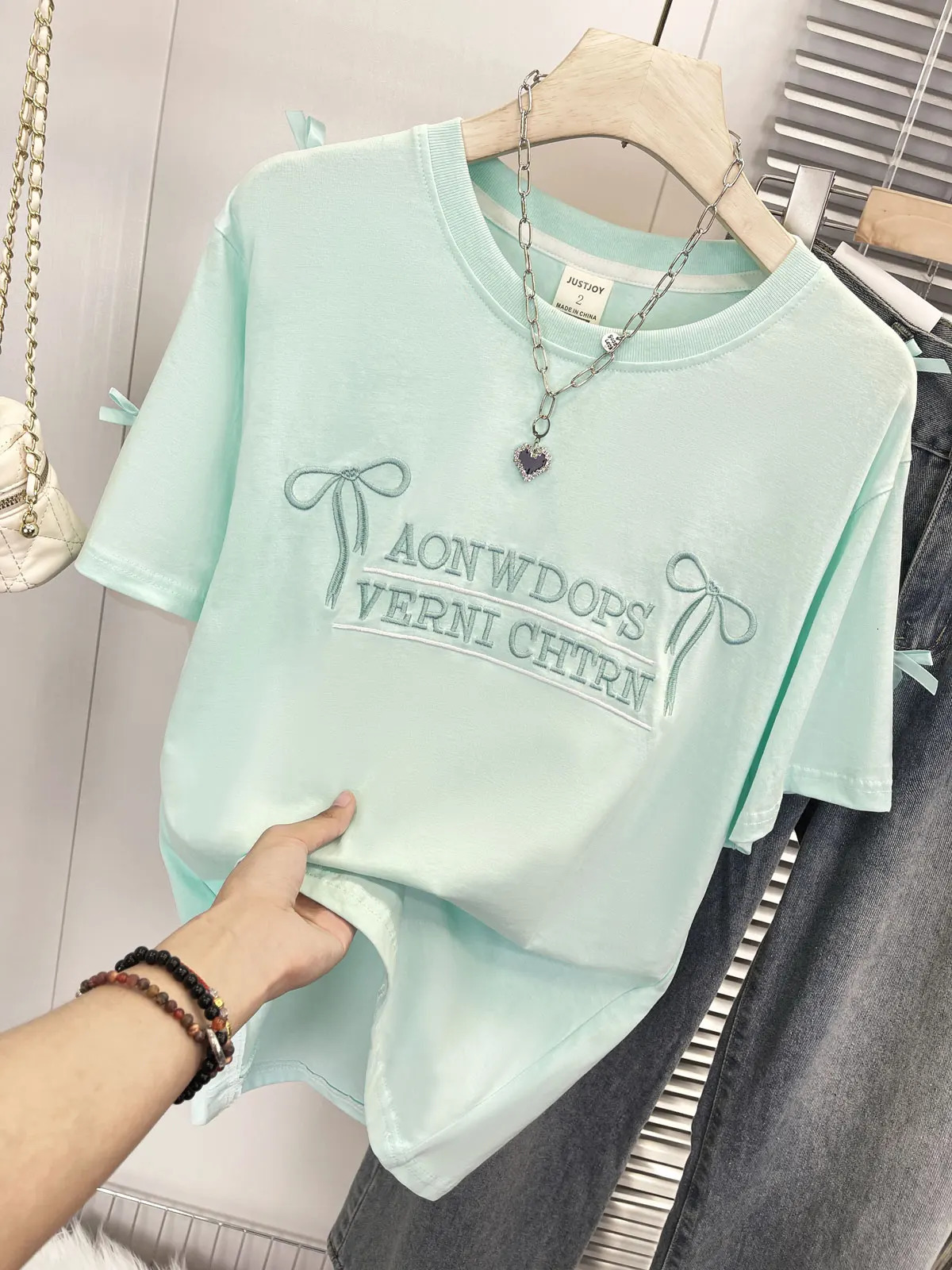 Y2k Letter Bow Embroidery Mint Green Womens Tshirt Plus Size 3D Bows Korean Sweet Top 2024 Summer Fashion Chic Lady Tee 250514