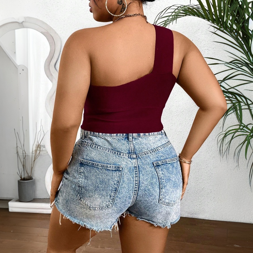 2025 Spring/summer New Large Size Womens Sexy Single Side Strap T-shirt Wine Red Slimming Short Top