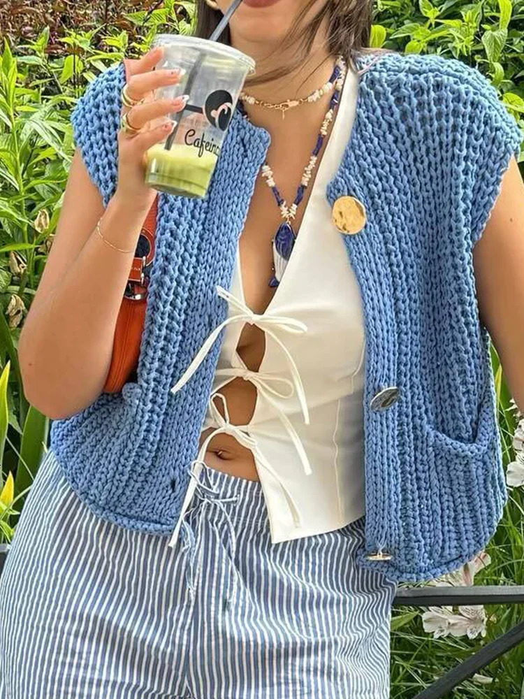 2025 Sweater Vest Solid Sleeveless Top Fashion Knitted Button Clothing Women Chic Clothes Casual Tank Tops 250506
