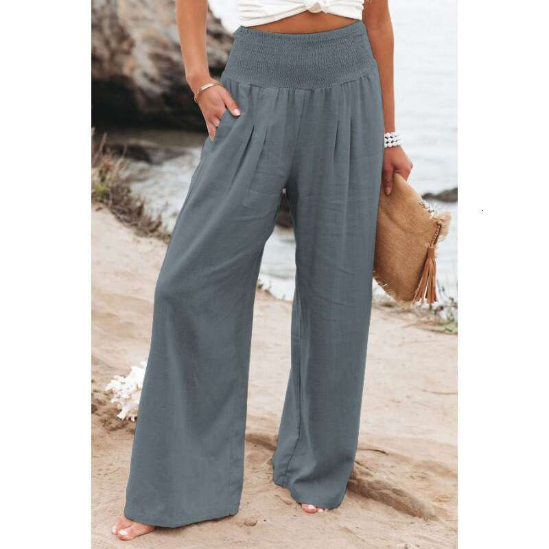 2025 Spring/summer Cotton and Hemp Large Size Womens Wide Leg Elastic Waist Casual Long Pants Versatile Long Ventilation Solid New Product New Arrival