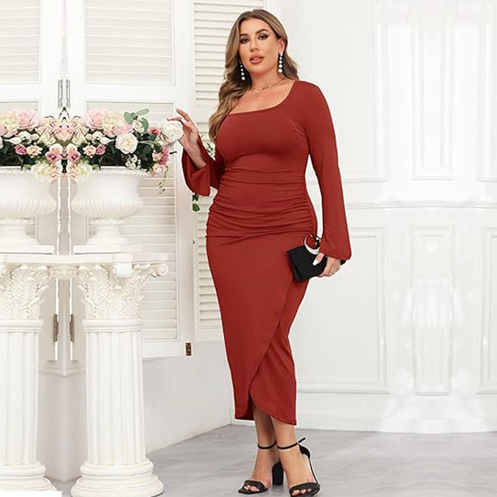Large Size Womens Elegant Dress Autumn and Winter Square Neck Slim Evening Dress Hip Hugging Long Dress