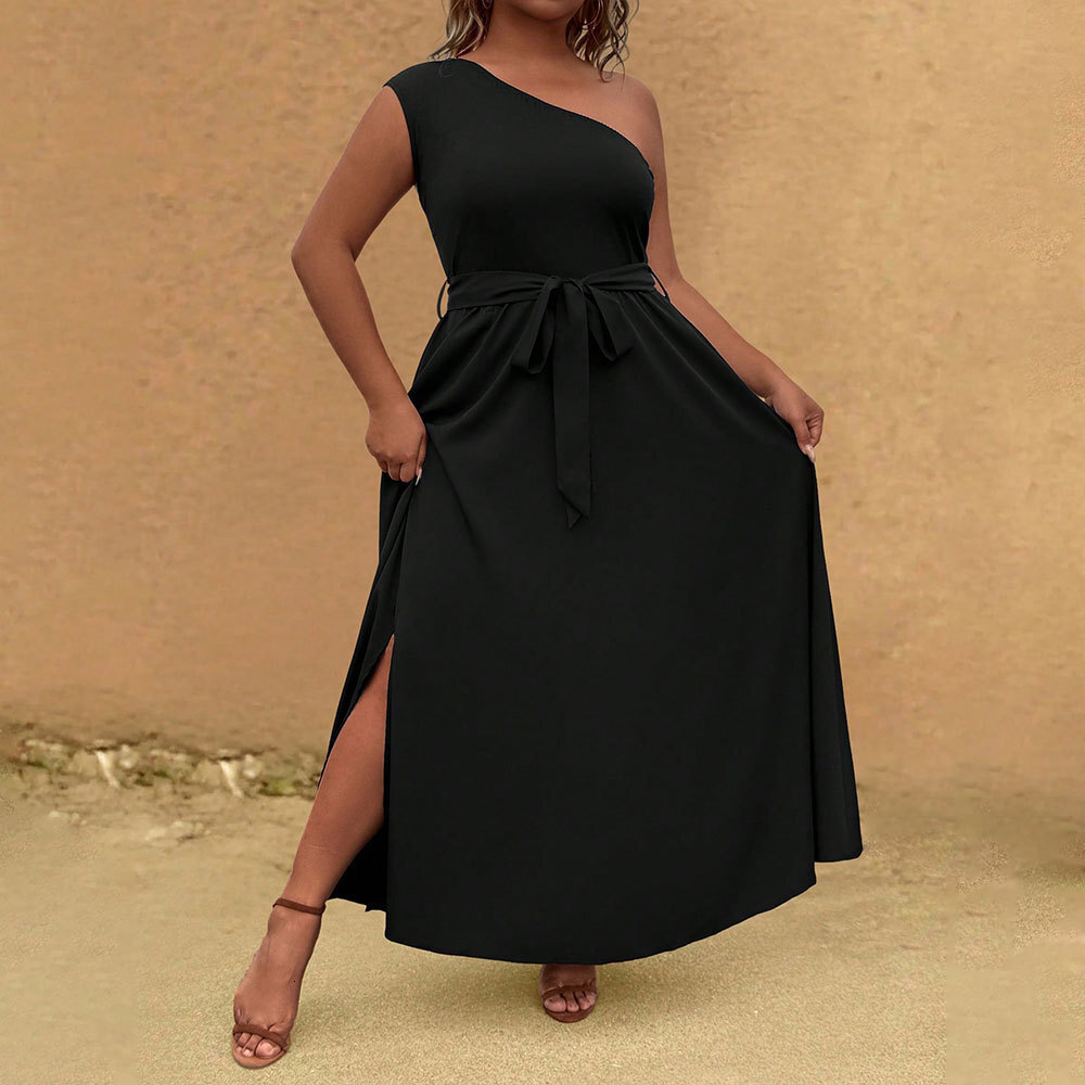 Large Size Womens Socialite Style Dress Summer New Item Sloping Collar Off Shoulder French High-end Long Dress