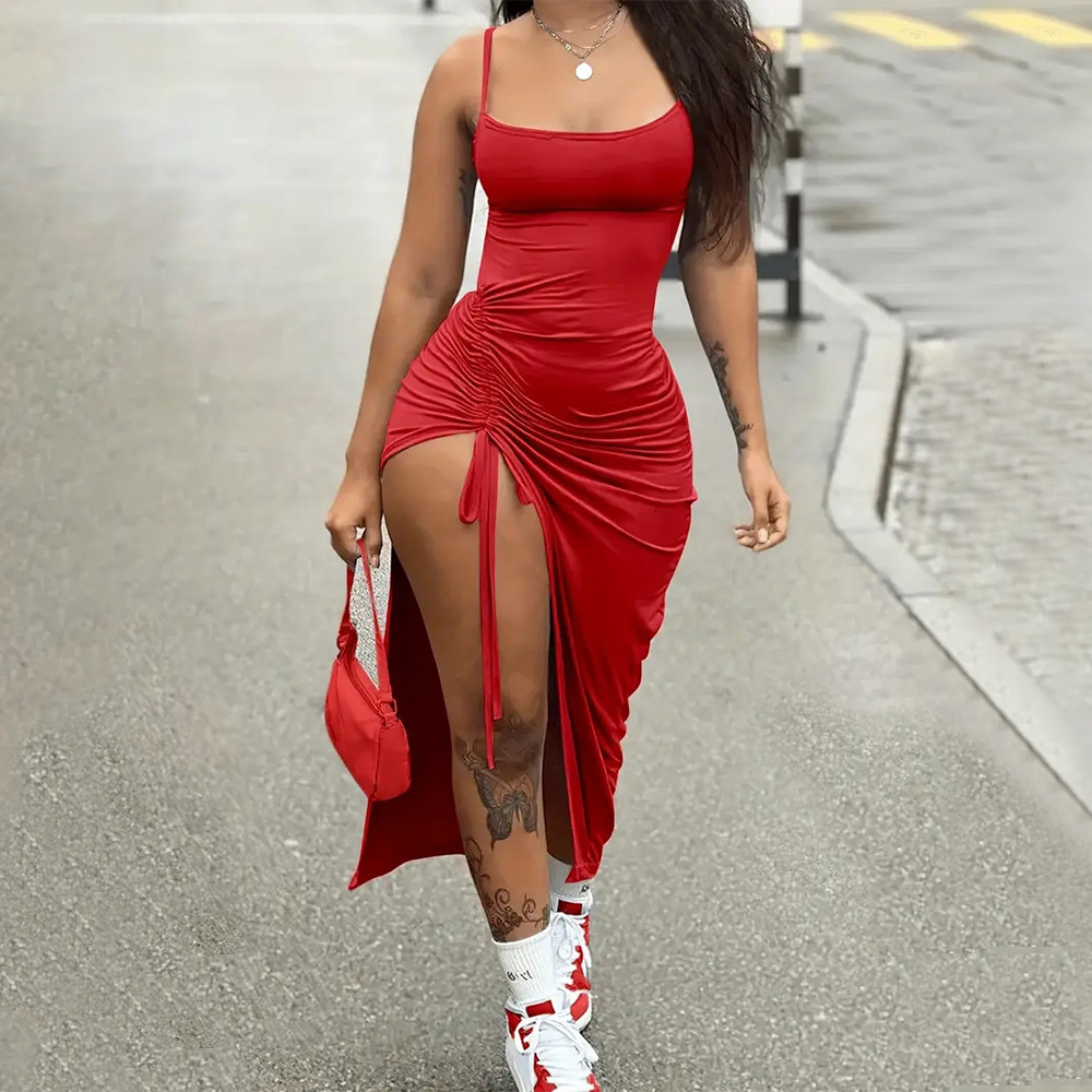 Summer New Womens Sexy Backless Pleated Slit Slim Fit Solid Color Suspender Dress