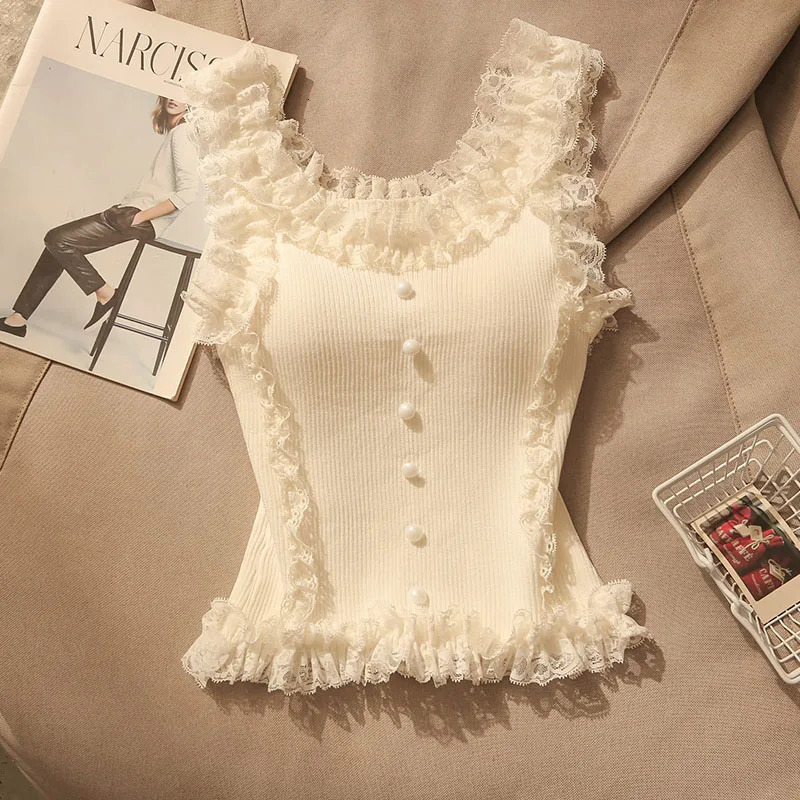 Korean Lace Patchwork Crop Top Women UNeck Knitted Stretch Tank 2025 Summer Female White Cami 250506