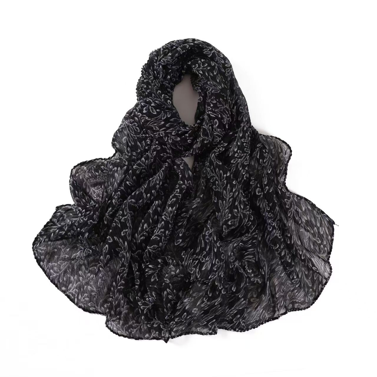 T722 retro wrinkled leaf print long scarf pleated cotton and linen scarf shawl dual-use cross-border thin neck scarf women