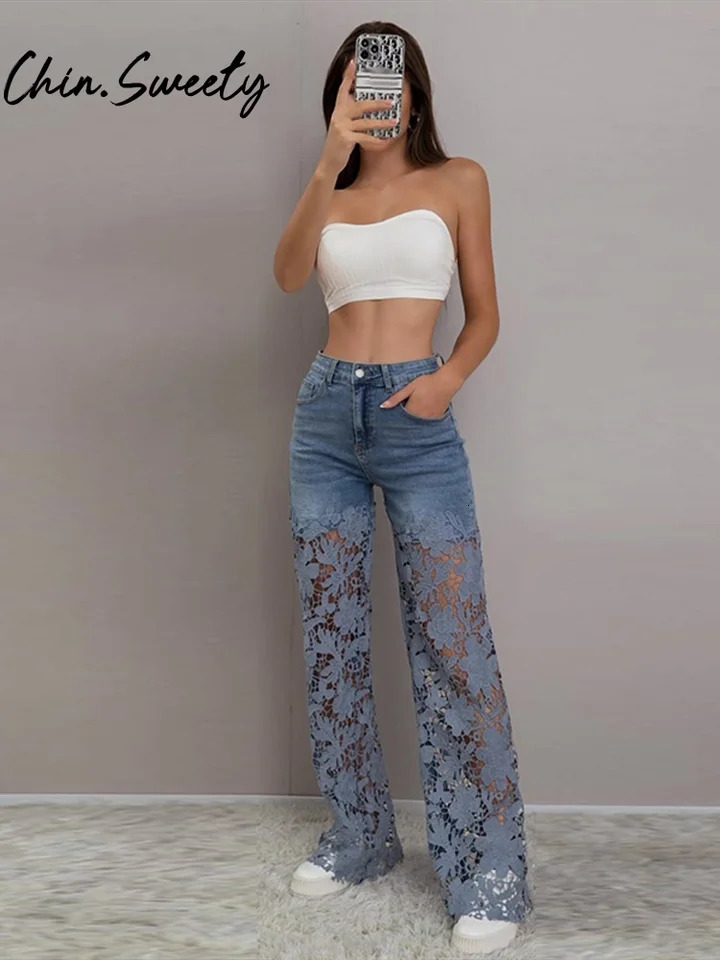 Urban crochet denim womens pants Elegan hollow zipper pocket button Trouser 2025 summer fashion streetwear 250506