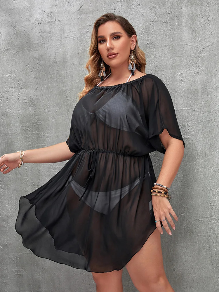 Plus Size Loose Beachwear Cover Up Beach Holiday Swimsuit Round Neck Strapless Loose Pullover Dress Sunscreen Cover Up Beachwear 250515