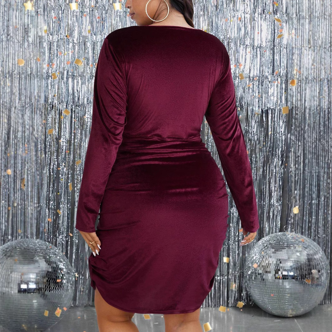 Autumn and Winter New Plus Size Womens Clothing High-end Feeling Socialite Style Wine Red Dress Banquet Short Skirt