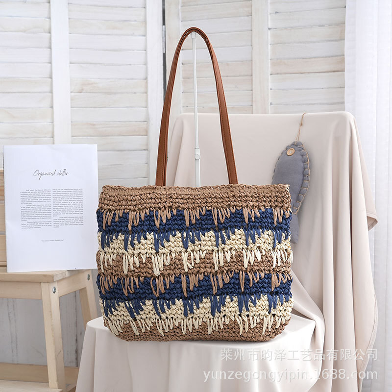 2025S designer new niche contrasting color summer shoulder grass woven ripple vacation beach women bag