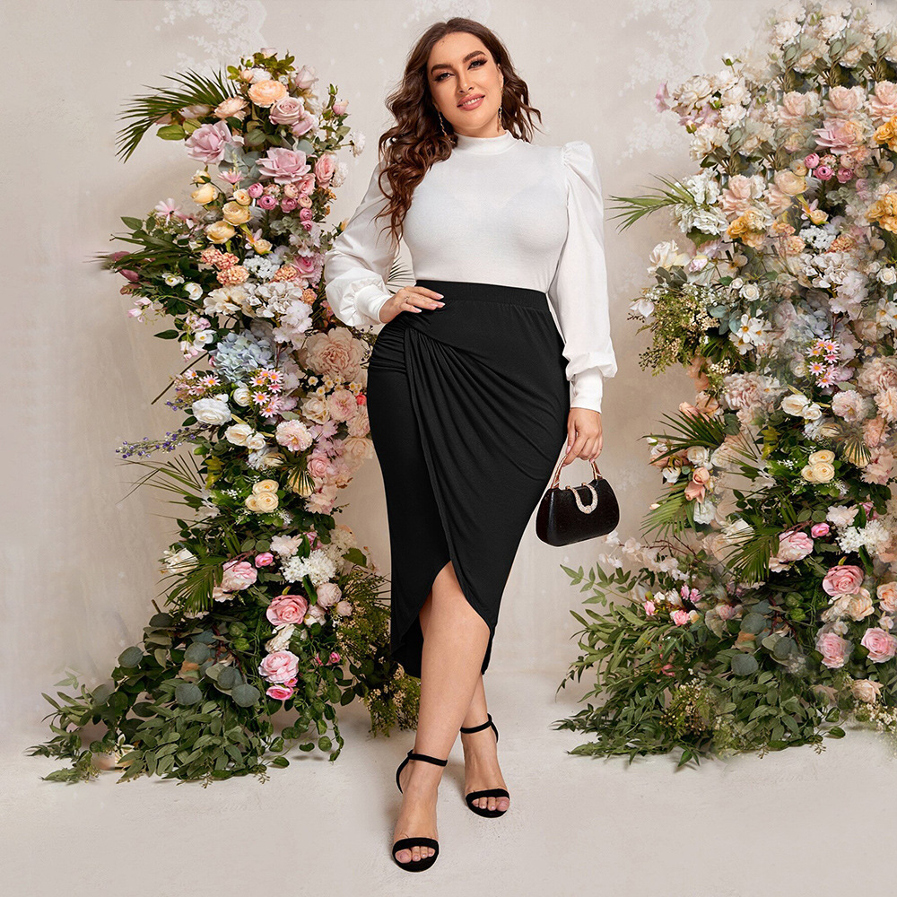 Plus Size Womens Elegant and Intellectual Style Half Skirt Autumn and Winter High Waist Split Hip Hugging Mid Length Skirt