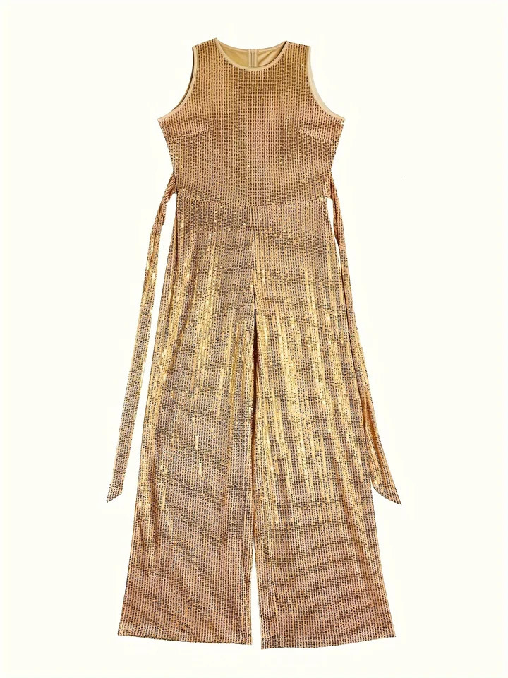 Plus Size Women Elegant Sequin Wide Leg Jumpsuit Polyester Fitted Round Neck Long Zipper Closure Perfect for Evening Date 250515