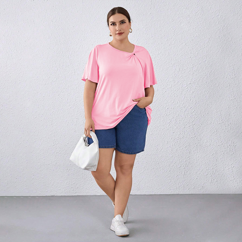 Large Size Minimalist Round Neck T-shirt for Summer Loose and Versatile Solid Color Pullover Short Sleeved Top