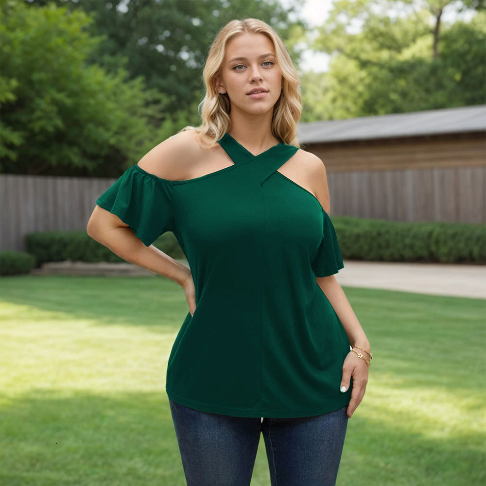 Womens Clothing 2025 Spring/summer New Elegant Style T-shirt Cross Hanging Neck Off Shoulder Top