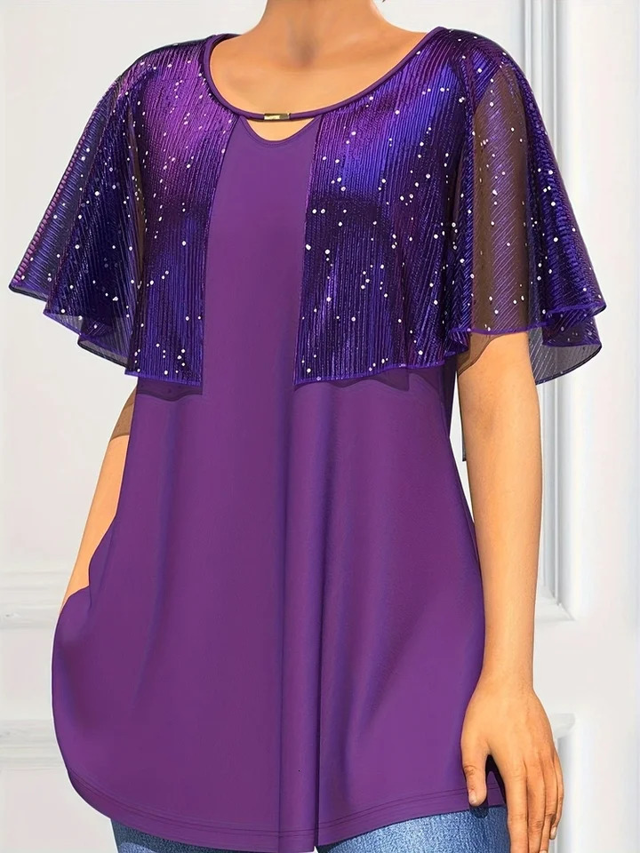 Plus Size Womens Fashion Sequin Decorative Shawl Crew Neck Chiffon Top Casual Short Sleeve Summer Clothing 2024 250514