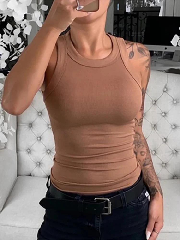 Womens solid round neck ribbed vest womens summer basic elastic Oneck 250506