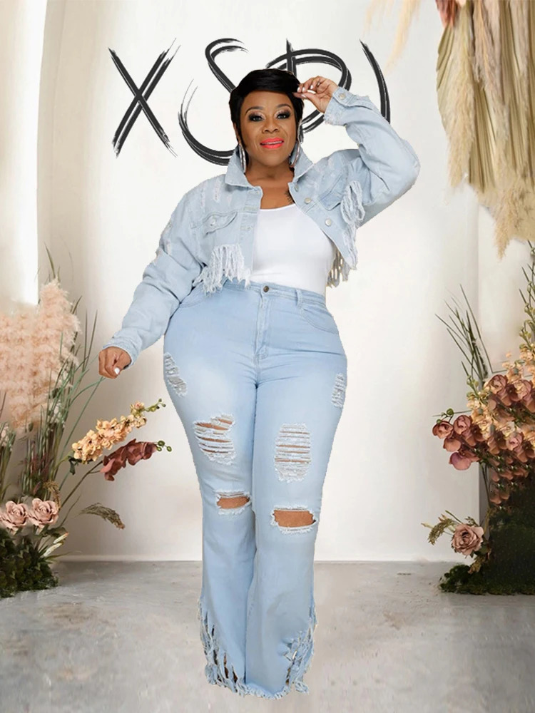 Ladies Jeans High Waist Woman Tassel Vintage Jeans Ripped Plus Size Fashion Elegant Flared Jeans Wholesale Drop 250515