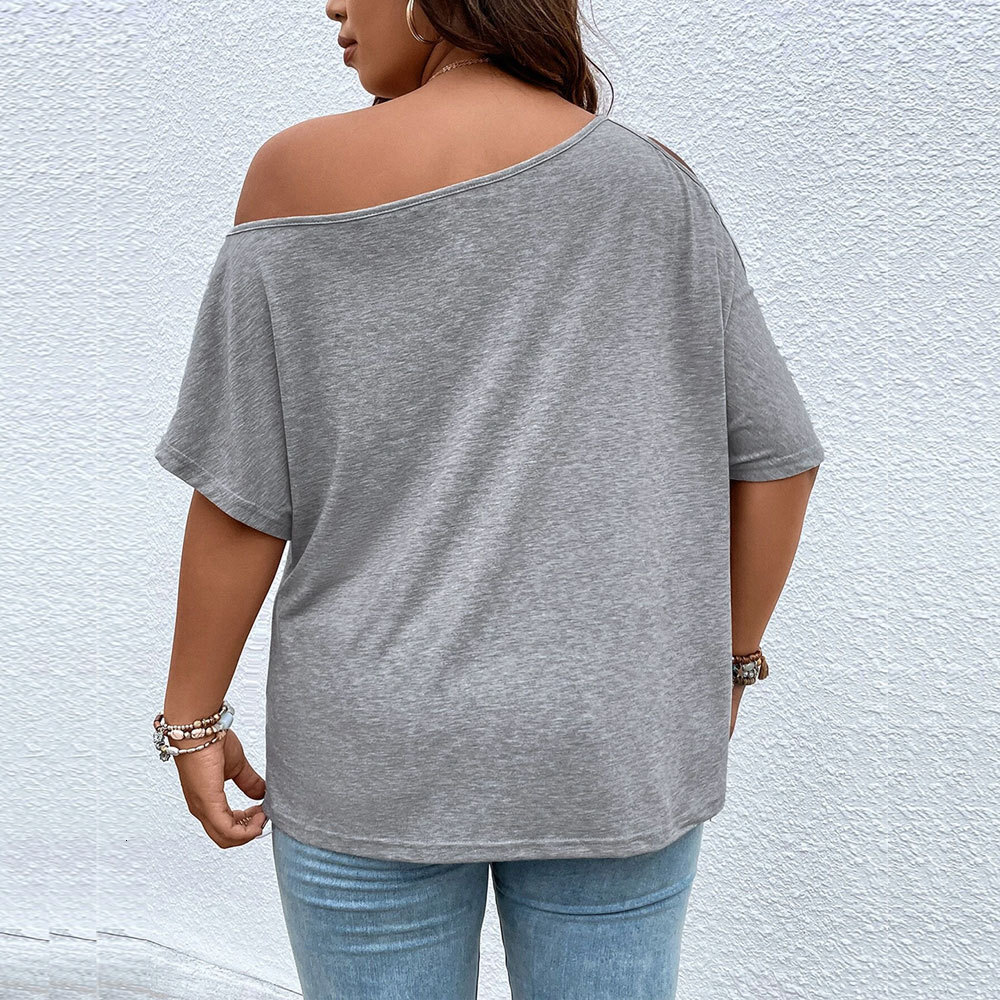 Large Size Womens New Loose Casual Sloping Collar Off Shoulder Short Sleeved Temperament Top