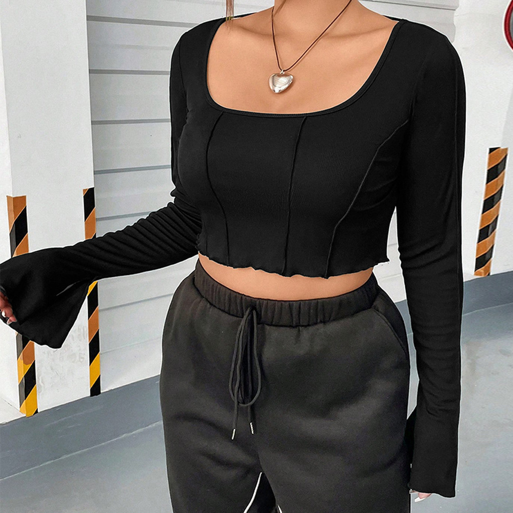 Large Size Womens Slim Fit Exposed Navel Fishbone Top Chic Base Shirt Short Square Neck Autumn and Winter Long Sleeved T-shirt