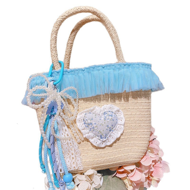 2025S designer ocean blue lace woven women beach vacation style handbag bucket bag