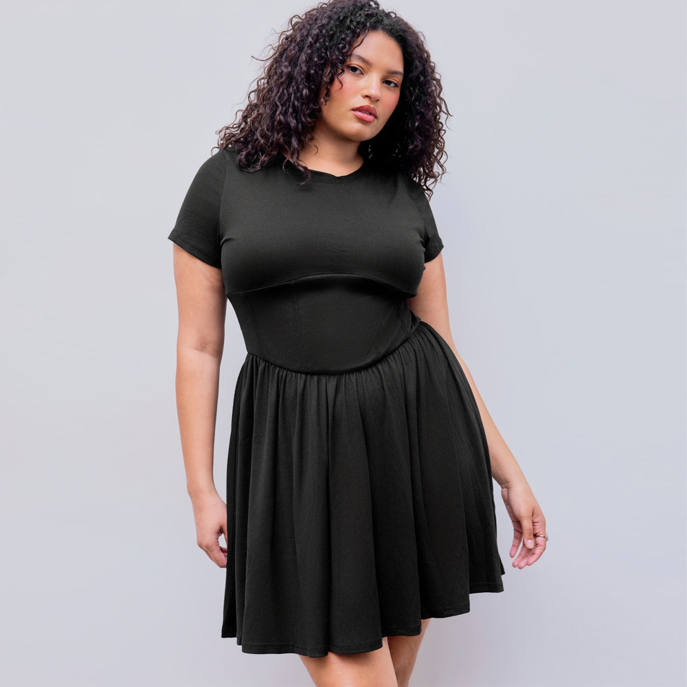 Large Size Womens French Style Waist Cinching Slimming Short Sleeved Fishbone Short Skirt Dress