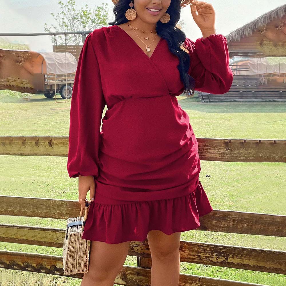 Large Size Womens Clothing with Intellectual Style Wine Red Dress Autumn and Winter Elegant Temperament Pleated Short Skirt