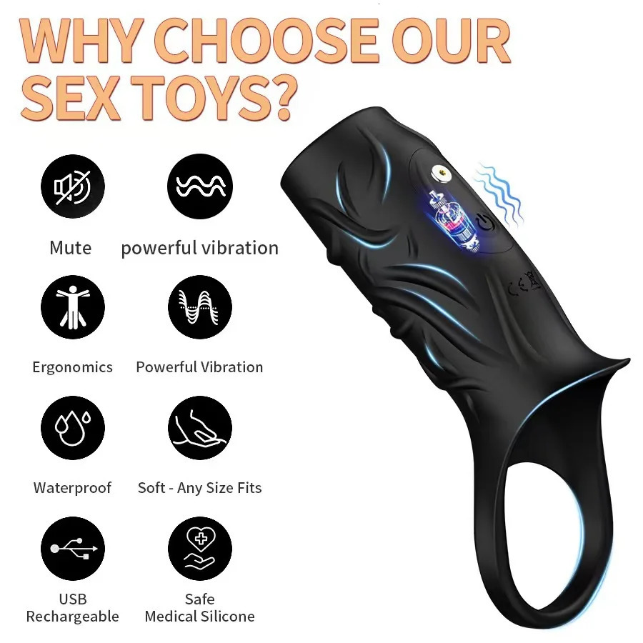 Vibrator Penis Sleeve Cock Ring Ejaculation Extender for Penis Testicles G Spot Stimulation Couples Adult Sex Toys for Men Women 250515