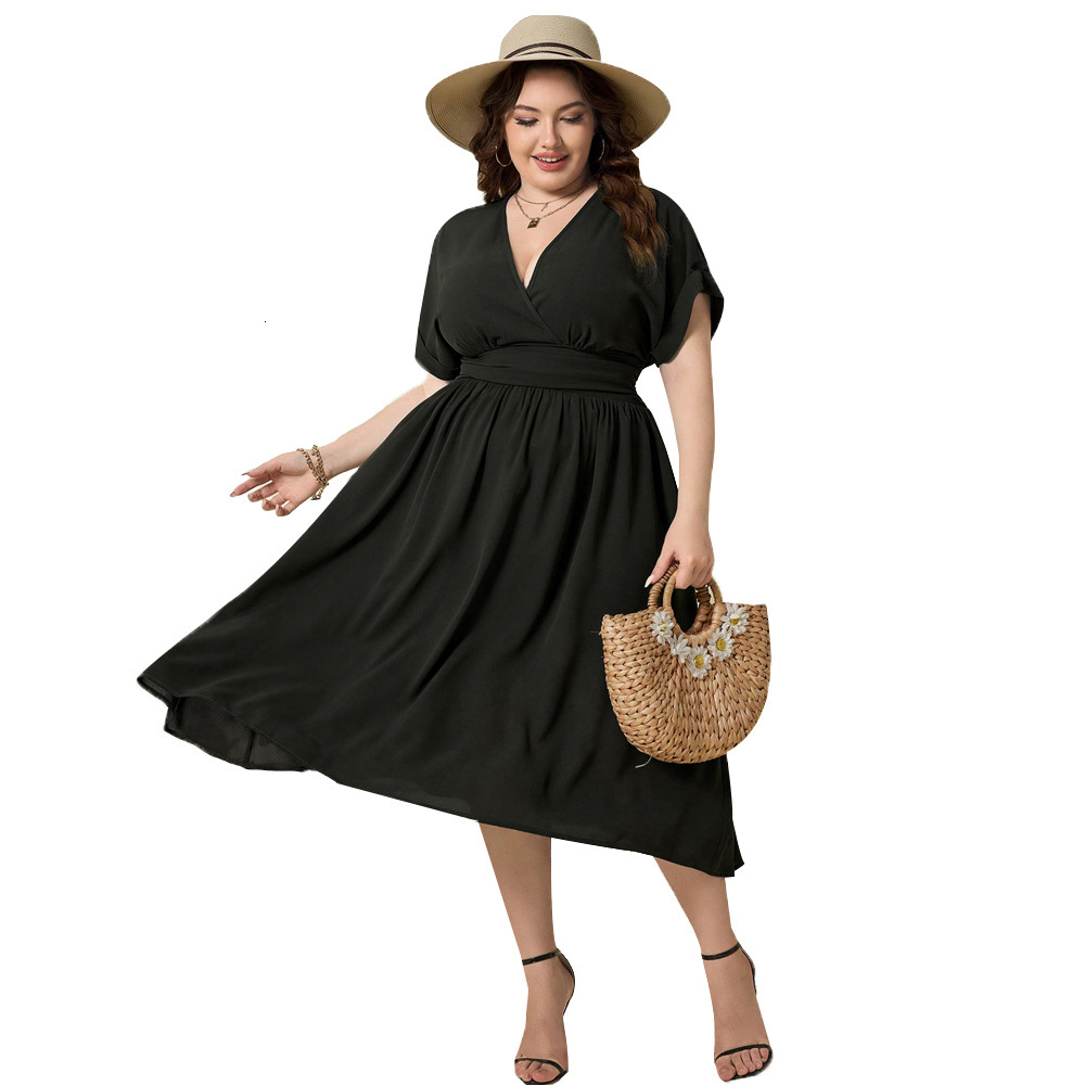 Oversized Womens V-neck Slim Fit Short Sleeved Dress with Vacation Style High Waist A-line Beach Skirt for Women