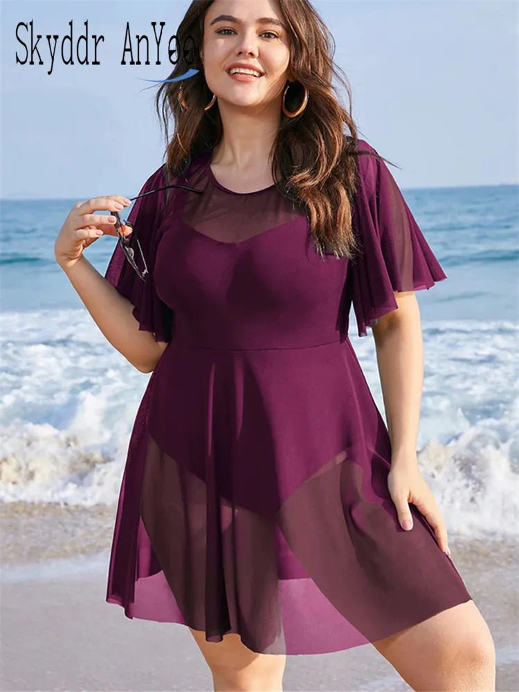 Plus Size Womens Swimwear Solid Mesh Patchwork Ruffle Sleeve Swim Dress One Piece Chubby Swimsuit Cover Up Beach Bathing Suit 250515