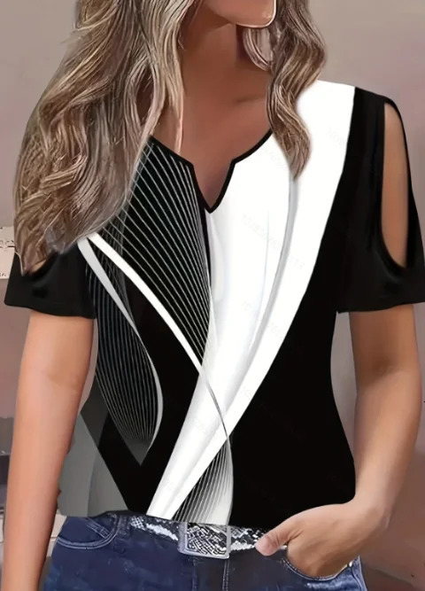 2024 plus size womens black and white color matching printed Vneck offtheshoulder large casual Tshirt woman 250514